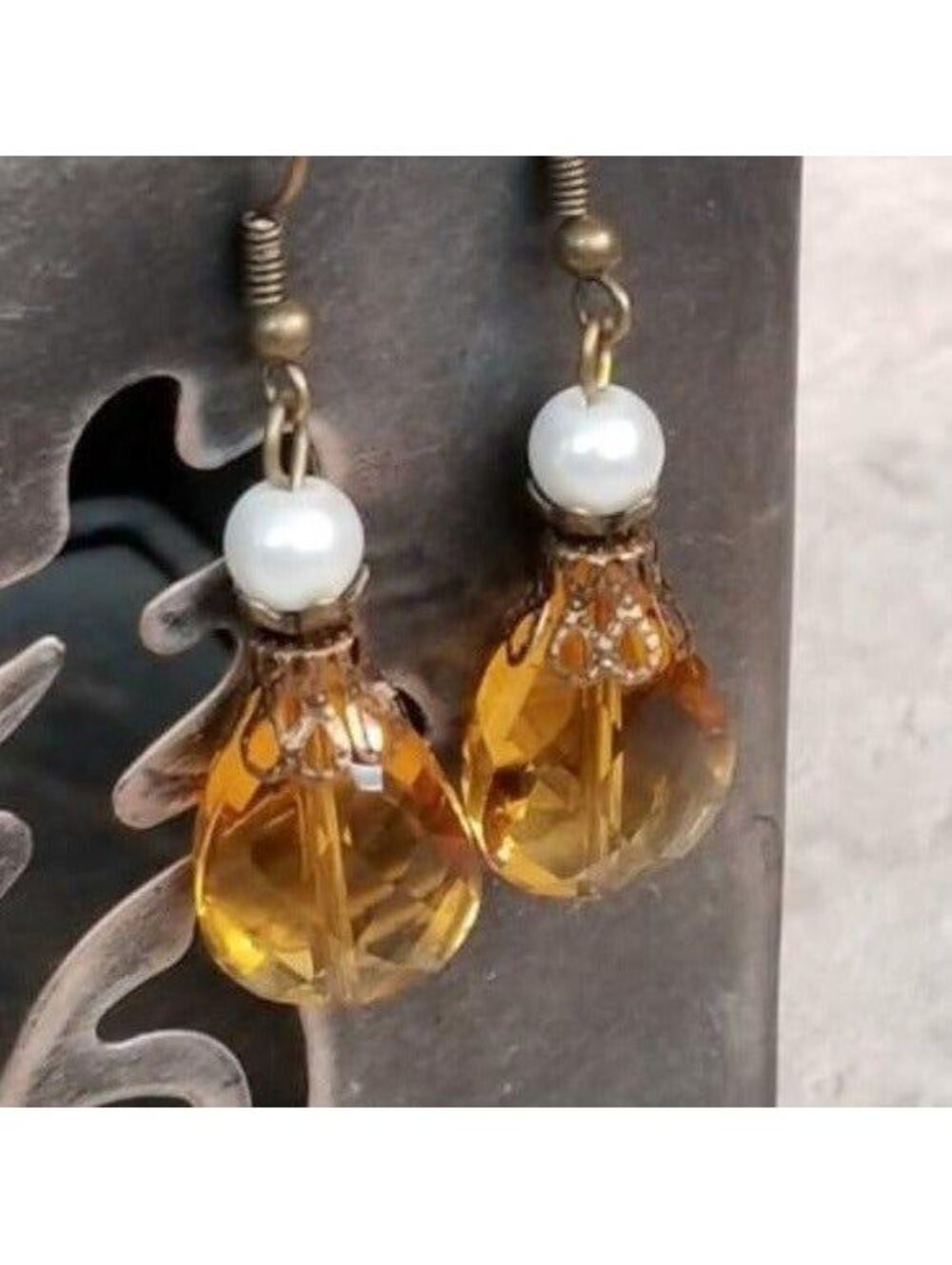 Amber Glass Teardrop Dangle Earrings